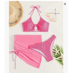 Women's 3 Piece Sexy Bikini Set XL Pink Halter Ring Cover Up Skirt Polyester